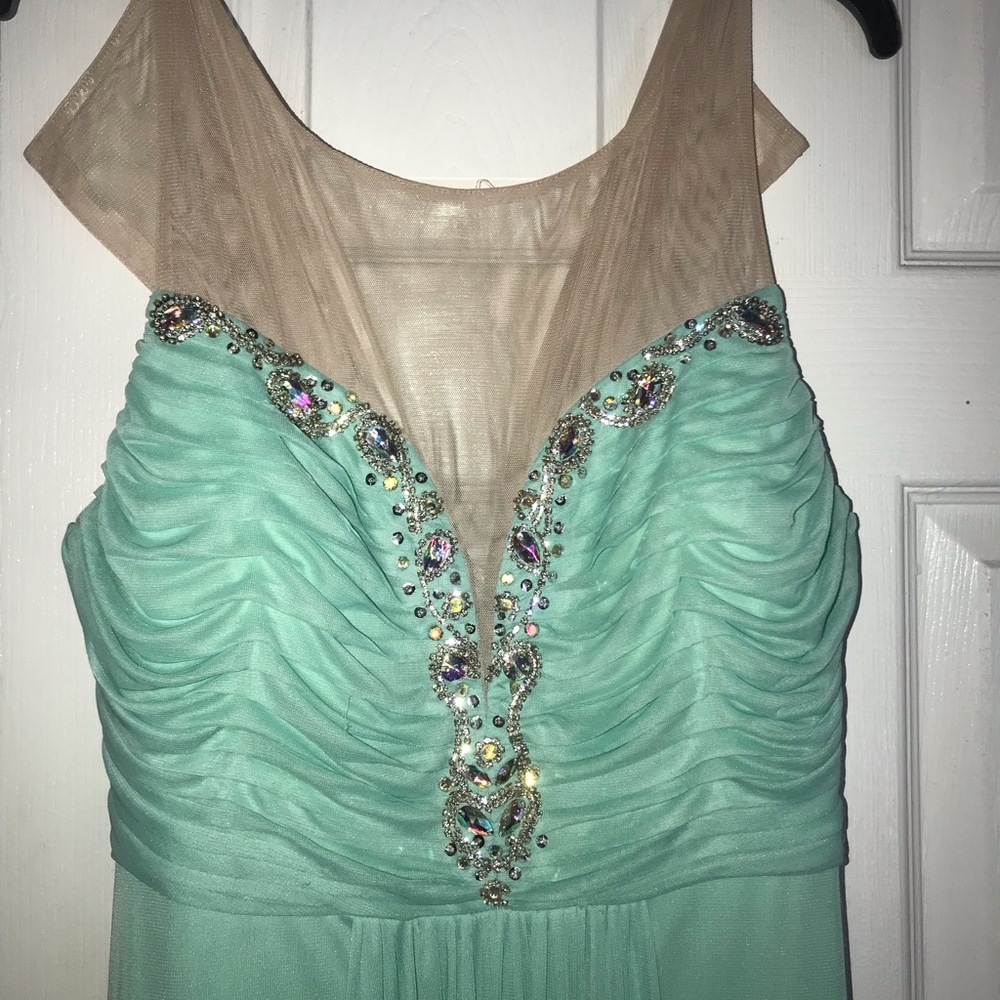 Teal floor length prom dress